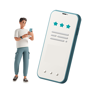 An illustration of a customer service representative assisting a client next to an illustration of a cell phone.