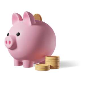 A pink piggy bank alongside a stack of coins, symbolising savings and budget management for events.