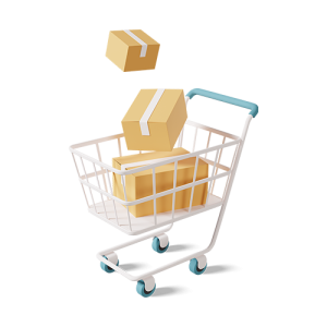 A shopping cart filled with boxes of wristbands, lanyards, and tickets.