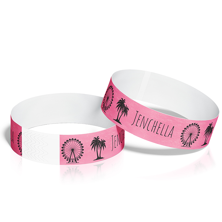 A pair of customisable Tyvek wristbands featuring palm tree designs, suitable for festivals and events.