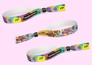 Three eco-friendly fabric wristbands featuring a designs displayed from different angles, made from 100% post-consumer polyester.