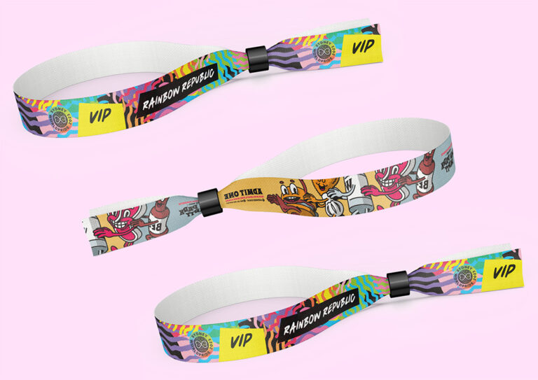 Three eco-friendly fabric wristbands featuring a designs displayed from different angles, made from 100% post-consumer polyester.