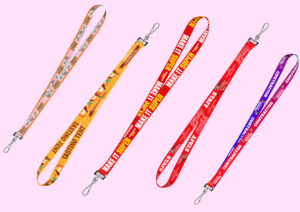 A collection of heat-sublimated lanyards featuring various designs.