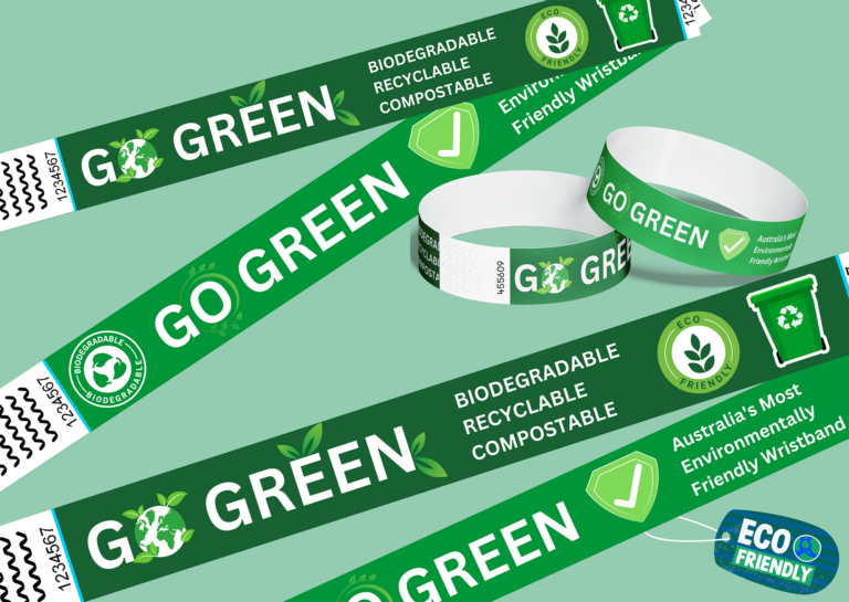 A collection of eco-friendly green and white "Go-Green" wristbands displayed against a green background.